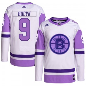 Authentic Adidas Adult Johnny Bucyk White/Purple Hockey Fights Cancer Primegreen Jersey - NHL Boston Bruins