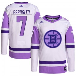 Authentic Adidas Adult Phil Esposito White/Purple Hockey Fights Cancer Primegreen Jersey - NHL Boston Bruins