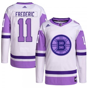 Authentic Adidas Adult Trent Frederic White/Purple Hockey Fights Cancer Primegreen Jersey - NHL Boston Bruins