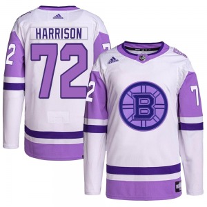 Authentic Adidas Adult Brett Harrison White/Purple Hockey Fights Cancer Primegreen Jersey - NHL Boston Bruins