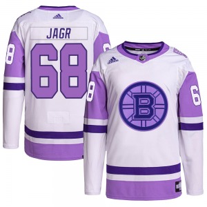Authentic Adidas Adult Jaromir Jagr White/Purple Hockey Fights Cancer Primegreen Jersey - NHL Boston Bruins