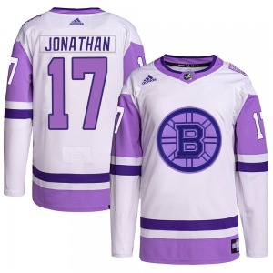 Authentic Adidas Adult Stan Jonathan White/Purple Hockey Fights Cancer Primegreen Jersey - NHL Boston Bruins