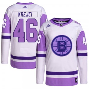 Authentic Adidas Adult David Krejci White/Purple Hockey Fights Cancer Primegreen Jersey - NHL Boston Bruins