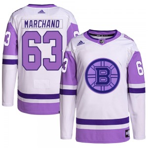Authentic Adidas Adult Brad Marchand White/Purple Hockey Fights Cancer Primegreen Jersey - NHL Boston Bruins