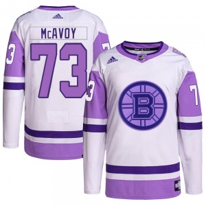 Authentic Adidas Adult Charlie McAvoy White/Purple Hockey Fights Cancer Primegreen Jersey - NHL Boston Bruins