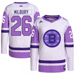 Authentic Adidas Adult Mike Milbury White/Purple Hockey Fights Cancer Primegreen Jersey - NHL Boston Bruins