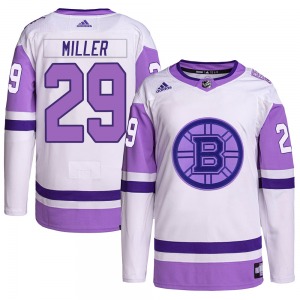 Authentic Adidas Adult Jay Miller White/Purple Hockey Fights Cancer Primegreen Jersey - NHL Boston Bruins