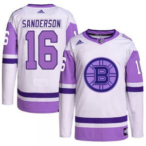 Authentic Adidas Adult Derek Sanderson White/Purple Hockey Fights Cancer Primegreen Jersey - NHL Boston Bruins