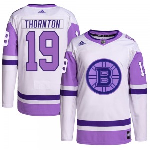 Authentic Adidas Adult Joe Thornton White/Purple Hockey Fights Cancer Primegreen Jersey - NHL Boston Bruins