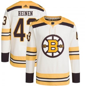 Authentic Adidas Youth Danton Heinen Cream 100th Anniversary Primegreen Jersey - NHL Boston Bruins