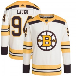 Authentic Adidas Youth Jakub Lauko Cream 100th Anniversary Primegreen Jersey - NHL Boston Bruins