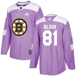 Authentic Adidas Youth Anton Blidh Purple Fights Cancer Practice Jersey - NHL Boston Bruins