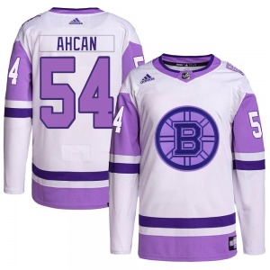 Authentic Adidas Youth Jack Ahcan White/Purple Hockey Fights Cancer Primegreen Jersey - NHL Boston Bruins