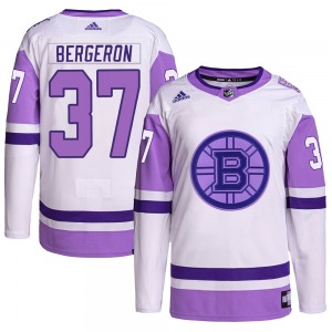 Authentic Adidas Youth Patrice Bergeron White/Purple Hockey Fights Cancer Primegreen Jersey - NHL Boston Bruins