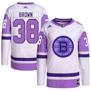 Authentic Adidas Youth Patrick Brown White/Purple Hockey Fights Cancer Primegreen Jersey - NHL Boston Bruins