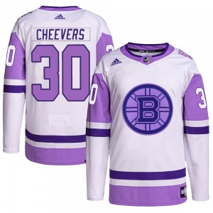 Authentic Adidas Youth Gerry Cheevers White/Purple Hockey Fights Cancer Primegreen Jersey - NHL Boston Bruins