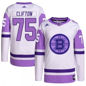 Authentic Adidas Youth Connor Clifton White/Purple Hockey Fights Cancer Primegreen Jersey - NHL Boston Bruins