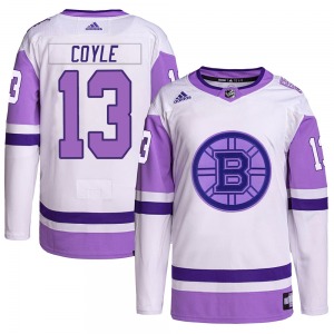 Authentic Adidas Youth Charlie Coyle White/Purple Hockey Fights Cancer Primegreen Jersey - NHL Boston Bruins