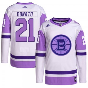 Authentic Adidas Youth Ted Donato White/Purple Hockey Fights Cancer Primegreen Jersey - NHL Boston Bruins