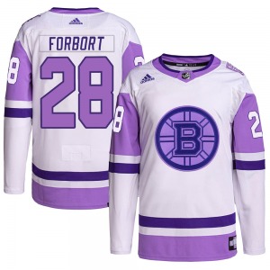 Authentic Adidas Youth Derek Forbort White/Purple Hockey Fights Cancer Primegreen Jersey - NHL Boston Bruins
