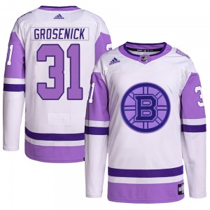 Authentic Adidas Youth Troy Grosenick White/Purple Hockey Fights Cancer Primegreen Jersey - NHL Boston Bruins