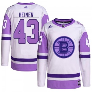 Authentic Adidas Youth Danton Heinen White/Purple Hockey Fights Cancer Primegreen Jersey - NHL Boston Bruins
