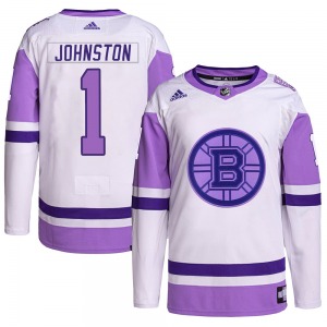 Authentic Adidas Youth Eddie Johnston White/Purple Hockey Fights Cancer Primegreen Jersey - NHL Boston Bruins