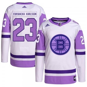 Authentic Adidas Youth Jakob Forsbacka Karlsson White/Purple Hockey Fights Cancer Primegreen Jersey - NHL Boston Bruins