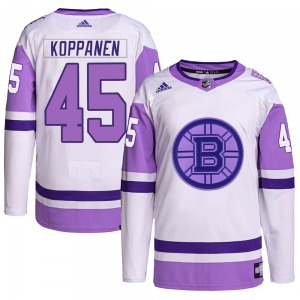 Authentic Adidas Youth Joona Koppanen White/Purple Hockey Fights Cancer Primegreen Jersey - NHL Boston Bruins