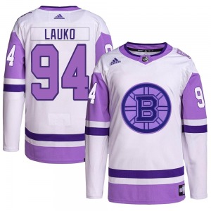 Authentic Adidas Youth Jakub Lauko White/Purple Hockey Fights Cancer Primegreen Jersey - NHL Boston Bruins