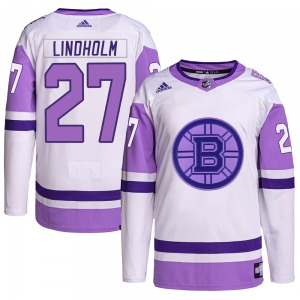 Authentic Adidas Youth Hampus Lindholm White/Purple Hockey Fights Cancer Primegreen Jersey - NHL Boston Bruins