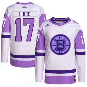 Authentic Adidas Youth Milan Lucic White/Purple Hockey Fights Cancer Primegreen Jersey - NHL Boston Bruins