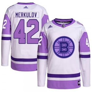 Authentic Adidas Youth Georgii Merkulov White/Purple Hockey Fights Cancer Primegreen Jersey - NHL Boston Bruins