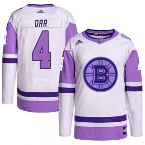 Authentic Adidas Youth Bobby Orr White/Purple Hockey Fights Cancer Primegreen Jersey - NHL Boston Bruins