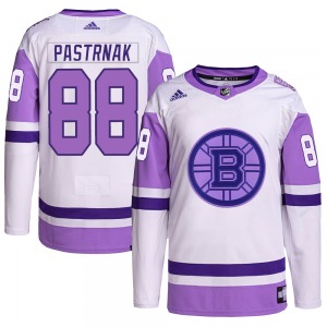 Authentic Adidas Youth David Pastrnak White/Purple Hockey Fights Cancer Primegreen Jersey - NHL Boston Bruins