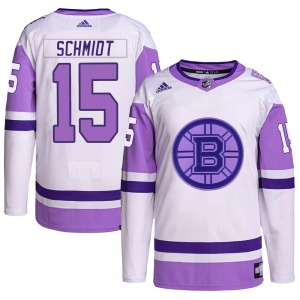 Authentic Adidas Youth Milt Schmidt White/Purple Hockey Fights Cancer Primegreen Jersey - NHL Boston Bruins