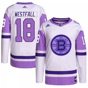 Authentic Adidas Youth Ed Westfall White/Purple Hockey Fights Cancer Primegreen Jersey - NHL Boston Bruins