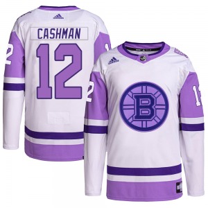 Authentic Adidas Adult Wayne Cashman White/Purple Hockey Fights Cancer Primegreen Jersey - NHL Boston Bruins