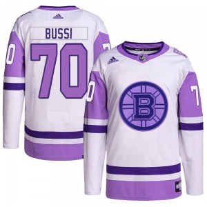 Authentic Adidas Youth Brandon Bussi White/Purple Hockey Fights Cancer Primegreen Jersey - NHL Boston Bruins