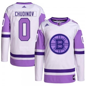 Authentic Adidas Youth Maxim Chudinov White/Purple Hockey Fights Cancer Primegreen Jersey - NHL Boston Bruins