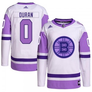 Authentic Adidas Youth Riley Duran White/Purple Hockey Fights Cancer Primegreen Jersey - NHL Boston Bruins