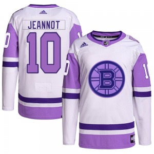 Authentic Adidas Youth Tanner Jeannot White/Purple Hockey Fights Cancer Primegreen Jersey - NHL Boston Bruins
