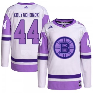 Authentic Adidas Youth Vladislav Kolyachonok White/Purple Hockey Fights Cancer Primegreen Jersey - NHL Boston Bruins