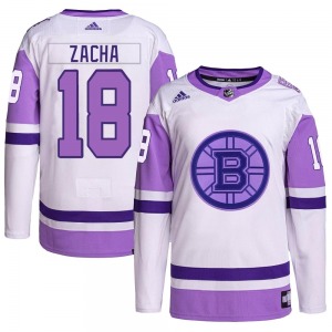 Authentic Adidas Youth Pavel Zacha White/Purple Hockey Fights Cancer Primegreen Jersey - NHL Boston Bruins