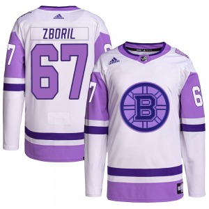 Authentic Adidas Youth Jakub Zboril White/Purple Hockey Fights Cancer Primegreen Jersey - NHL Boston Bruins