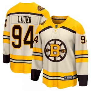 Premier Fanatics Branded Adult Jakub Lauko Cream Breakaway 100th Anniversary Jersey - NHL Boston Bruins